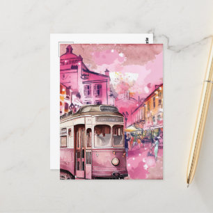 Pink Trolly Car Cityscape Illustration Postcard