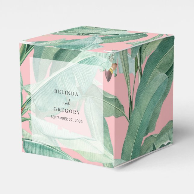 Pink Tropical Banana Palm Leaves Wedding Favour Favour Box (Front Side)