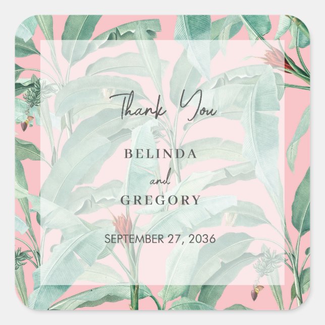 Pink Tropical Banana Palm Leaves Wedding Favour Square Sticker (Front)