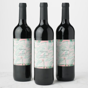 Pink Tropical Banana Palm Leaves Wedding  Wine Label