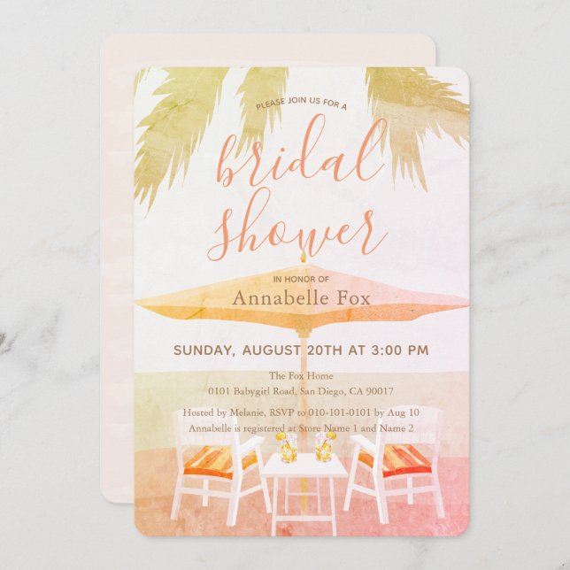 Pink Tropical Beach Chair Bridal Shower Invitation (Front/Back)