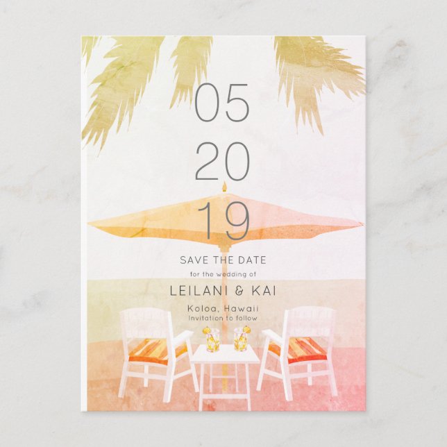 Pink Tropical Beach Chairs Save the Date Postcard (Front)