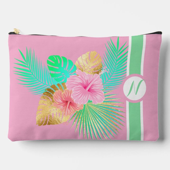 Pink Tropical Beach Monogram  Accessory Pouch (Front)
