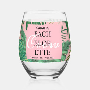 Pink Tropical Beach Palm Bridesmaids Bachelorette  Stemless Wine Glass