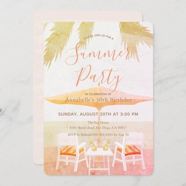 Pink Tropical Beach Summer Party Invitation (Front/Back)