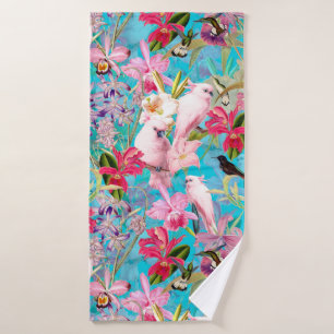 Pink Tropical Bird And Orchid Flower Pattern Bath Towel Set