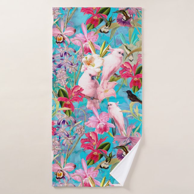 Pink Tropical Bird And Orchid Flower Pattern Bath Towel Set (Bath Towel)