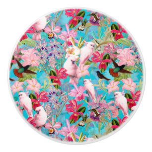 Pink Tropical Bird And Orchid Flower Pattern Ceramic Knob