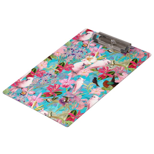 Pink Tropical Bird And Orchid Flower Pattern Clipboard (Angled)