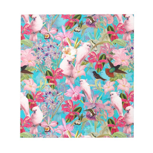 Pink Tropical Bird And Orchid Flower Pattern Notepad (Front)