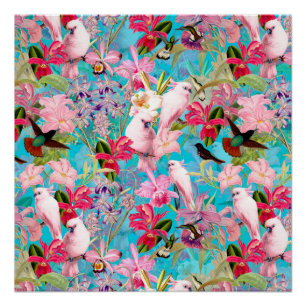 Pink Tropical Bird And Orchid Flower Pattern Poster