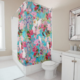 Pink Tropical Bird And Orchid Flower Pattern Shower Curtain