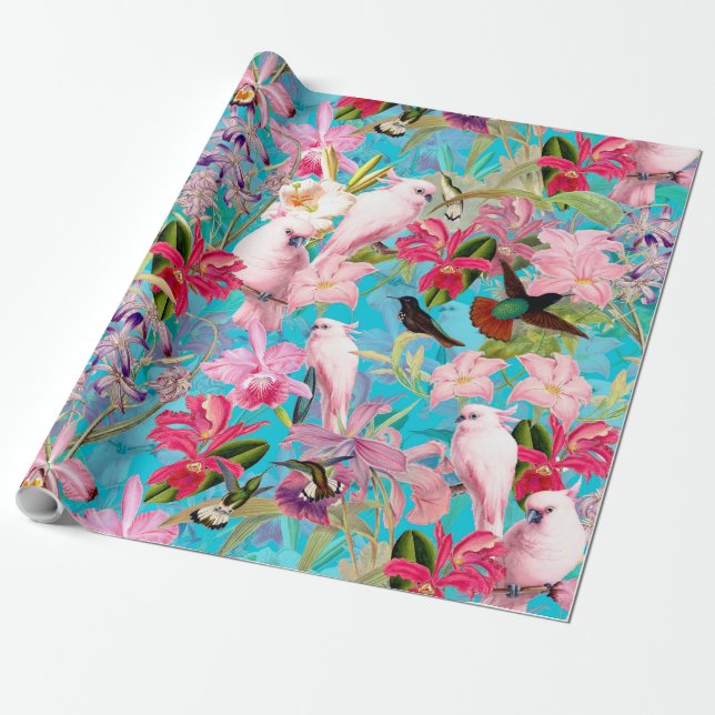 Pink Tropical Bird And Orchid Flower Pattern Wrapping Paper (Unrolled)