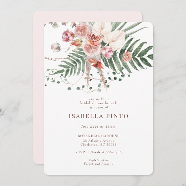 Pink Tropical Boho Floral Bridal Shower Invitation (Front/Back)
