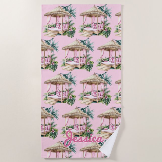 Pink Tropical Cabana Beach Towel (Front)