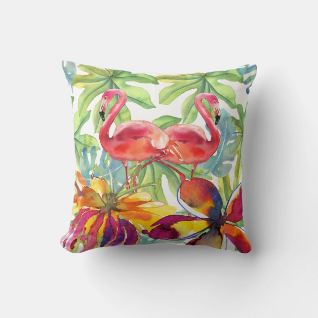 Pink Tropical Flamingo Bird Watercolor Cushion (Front)