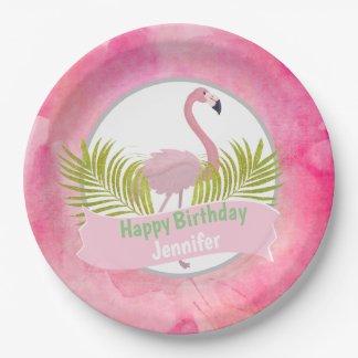 Pink Tropical Flamingo Palm Frond Birthday Paper Plate