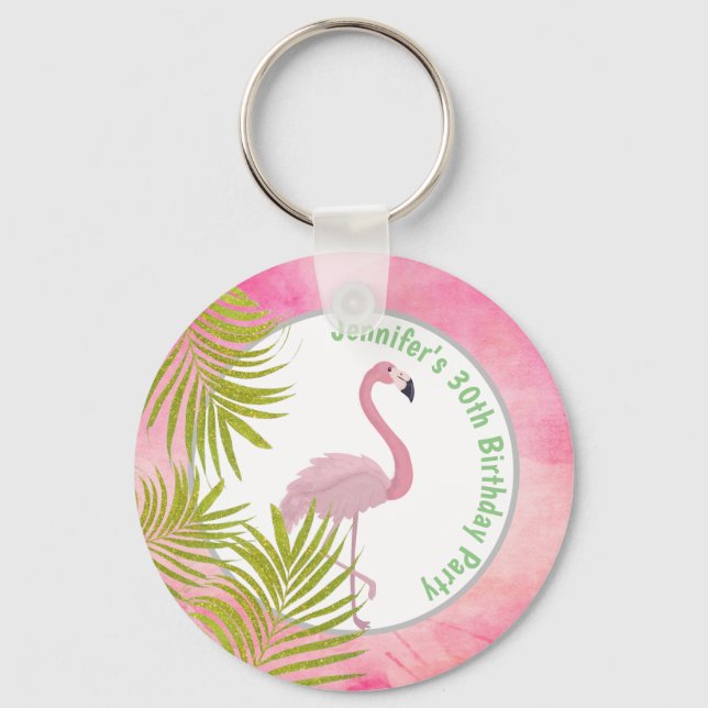 Pink Tropical Flamingo Personalised Birthday Key Ring (Front)