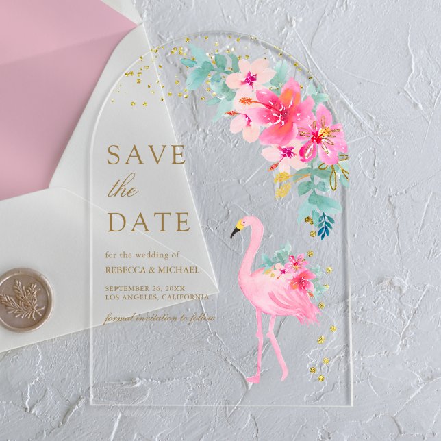 Pink Tropical Flamingo Wedding Save the Date Acrylic Invitations (Creator Uploaded)