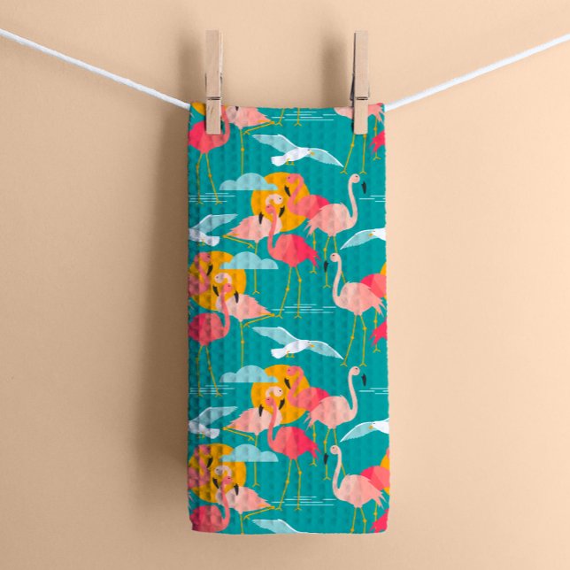 Pink Tropical Flamingos on Teal Kitchen Towel (Creator Uploaded)