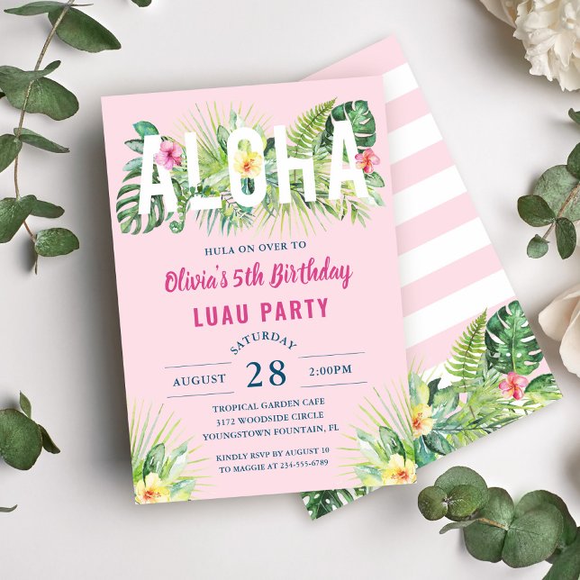 Pink Tropical Floral Aloha Luau Birthday Party Invitation (Creator Uploaded)