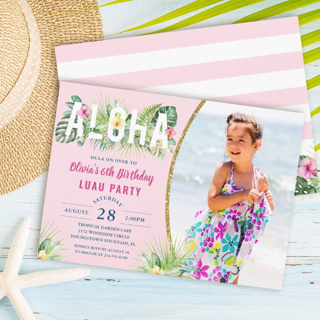 Pink Tropical Floral Aloha Luau Birthday Photo Invitation (Creator Uploaded)
