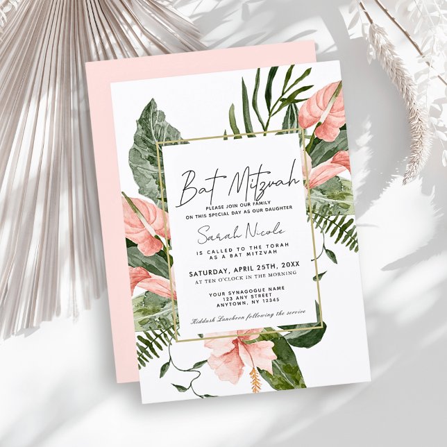 Pink Tropical Floral Bat Mitzvah Invitation (Creator Uploaded)
