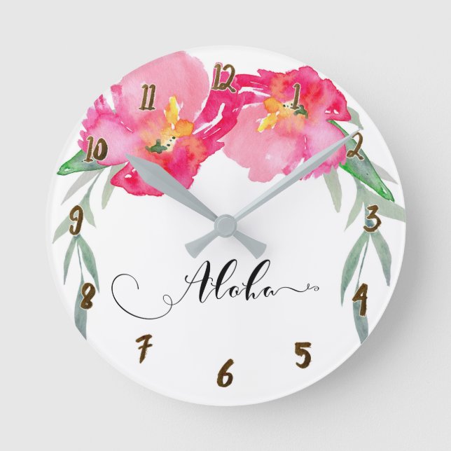 Pink Tropical Floral Flowers Aloha Chic Round Clock (Front)