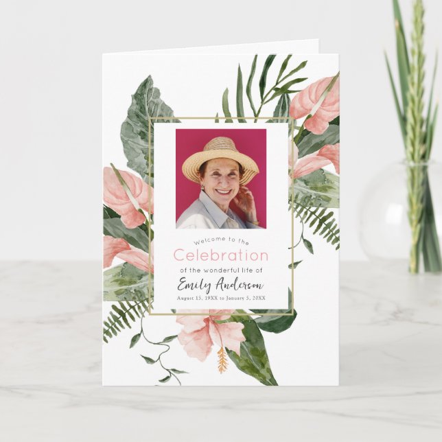 Pink Tropical Floral Funeral Program Invitation (Front)