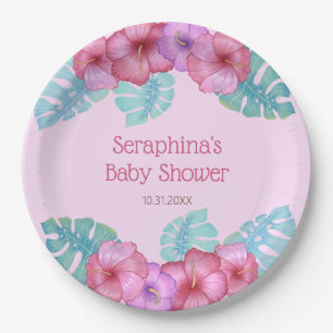 Pink Tropical Floral Hibiscus Baby Shower Paper Pl Plate