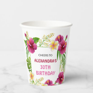 Pink Tropical Floral Luau Party Cups Birthday