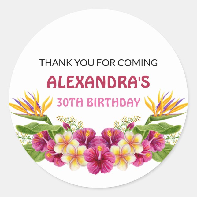 Pink Tropical Floral Luau Party Round Stickers (Front)