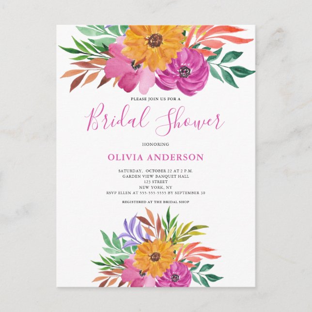 Pink Tropical Floral Watercolor Bridal Shower  Invitation Postcard (Front)