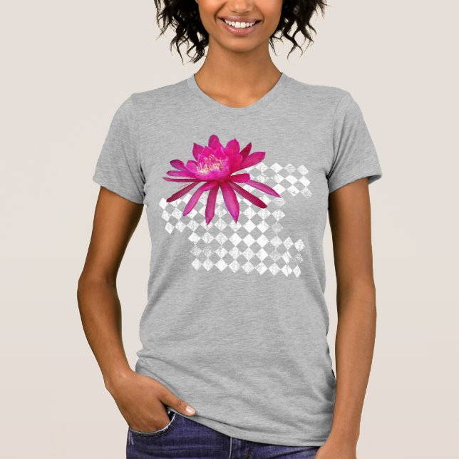 Pink Tropical Flower and Diamond Pattern T-Shirt (Front)