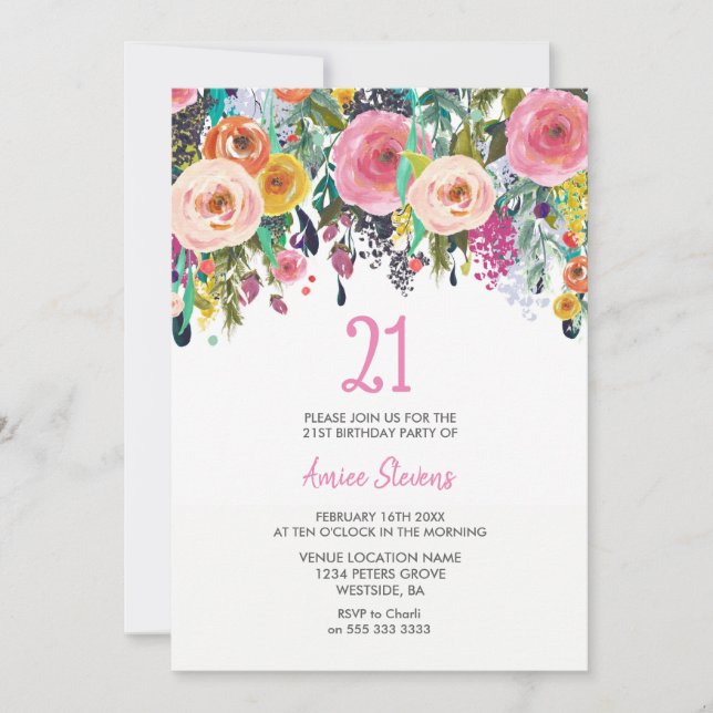 Pink Tropical Flowers 21st Birthday Party Invite (Front)