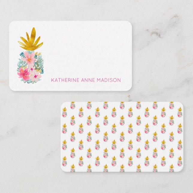 Pink Tropical Flowers and Gold Pineapple Card (Front/Back)