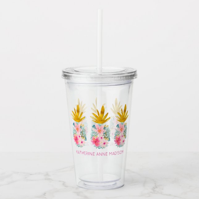 Pink Tropical Flowers and Gold Pineapples Acrylic Tumbler (Front)
