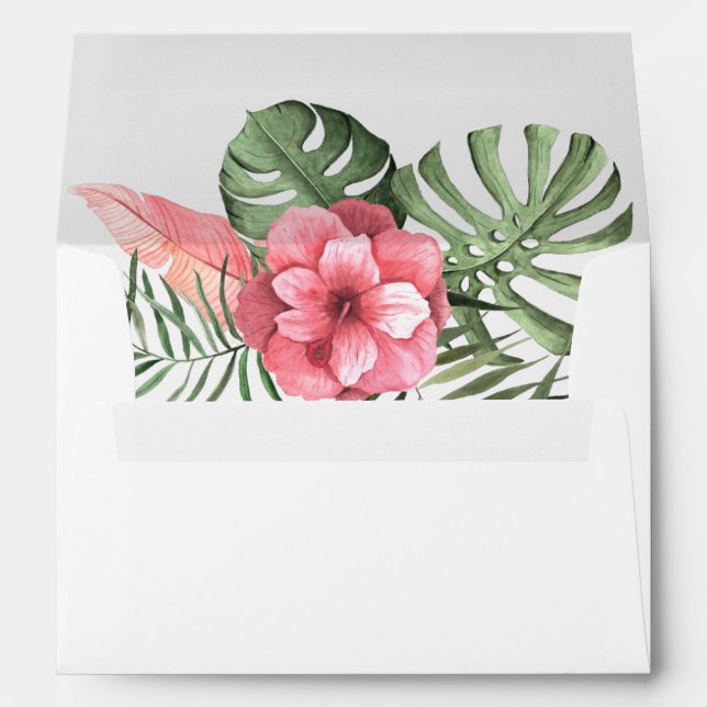 Pink Tropical Flowers and Leaves Wedding Envelope (Back (Bottom))