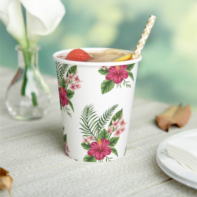 Pink Tropical Flowers Bridal Shower Paper Cups (Insitu)