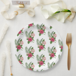 Pink Tropical Flowers Bridal Shower Paper Plate