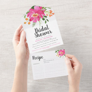 Pink Tropical Flowers Bridal Shower Recipe  All In One Invitation
