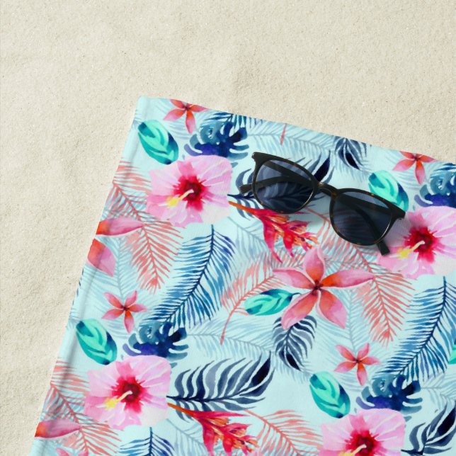 Pink Tropical Flowers Design Beach Towel (In Situ)