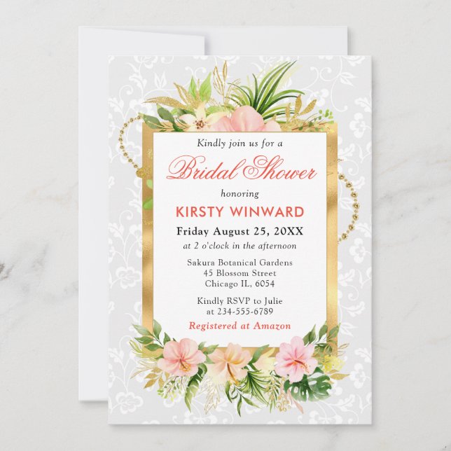 Pink Tropical Flowers Gold Foil Bridal Shower Invitation (Front)