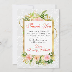 Pink Tropical Flowers Gold Foil Wedding Thank You Card