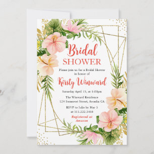 Pink Tropical Flowers & Gold Frame Bridal Shower Invitation
