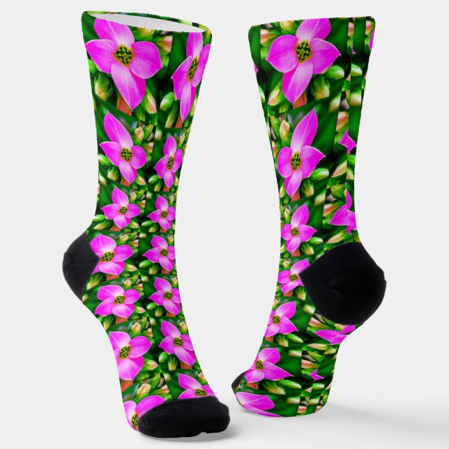 Pink Tropical Flowers Pattern Socks (Angled)