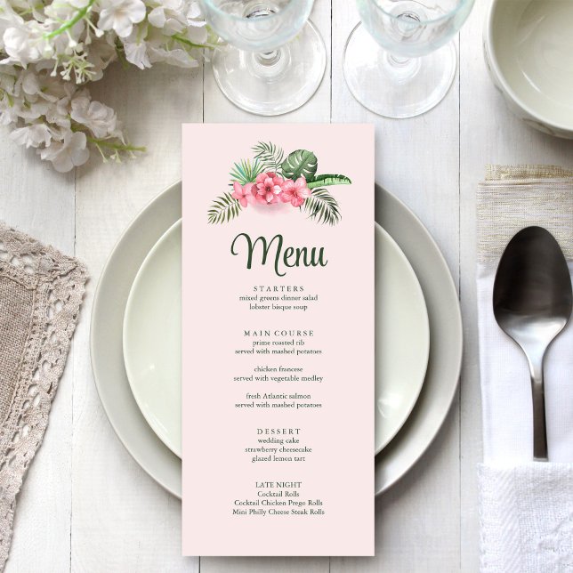 Pink Tropical Flowers Wedding Menu (Pink Tropical Flowers Wedding Menu on a white wedding table.)