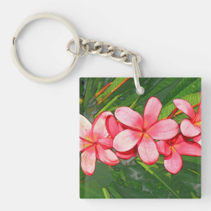 Pink Tropical Frangipani Art Key Ring