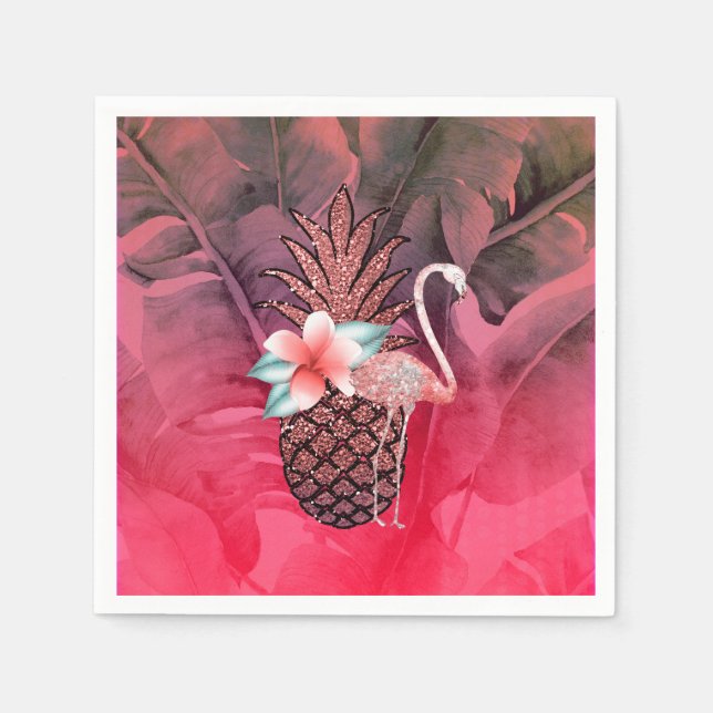Pink Tropical Glitter Pineapple Luau Party Napkin (Front)