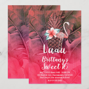 Pink Tropical Glitter Pineapple Luau Sweet 16 Invitation
